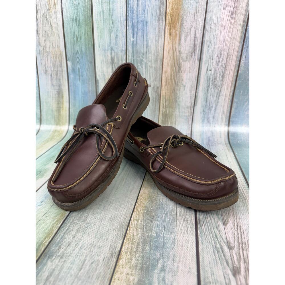 Cabela's Docksider Boat Shoes Brown Leather Vibram Sole Men's Size 12 1 Eye - Picture 8 of 8